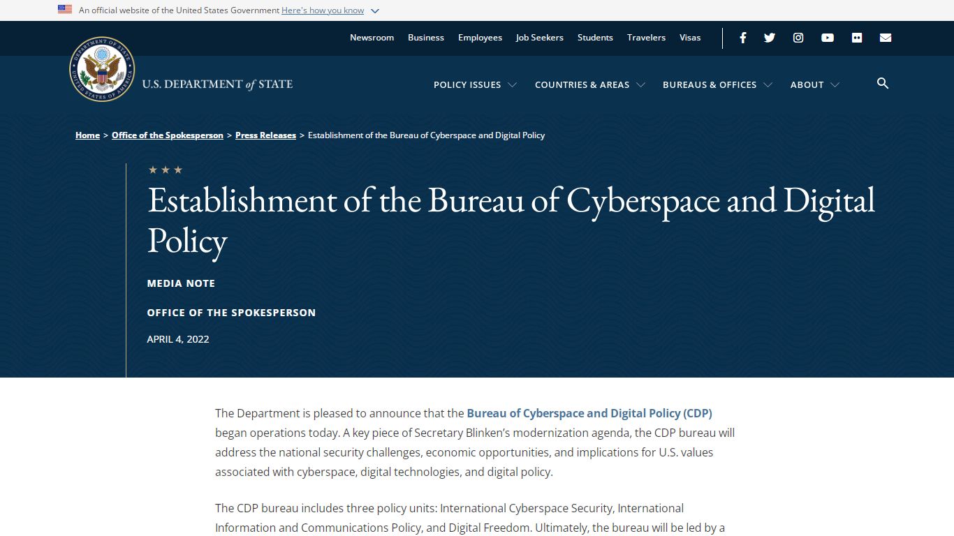Establishment of the Bureau of Cyberspace and Digital Policy