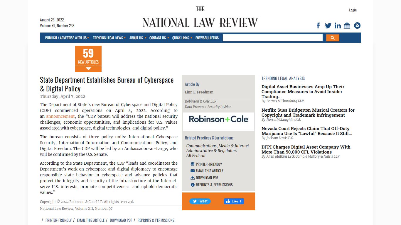 State Department Establishes Bureau of Cyberspace & Digital Policy